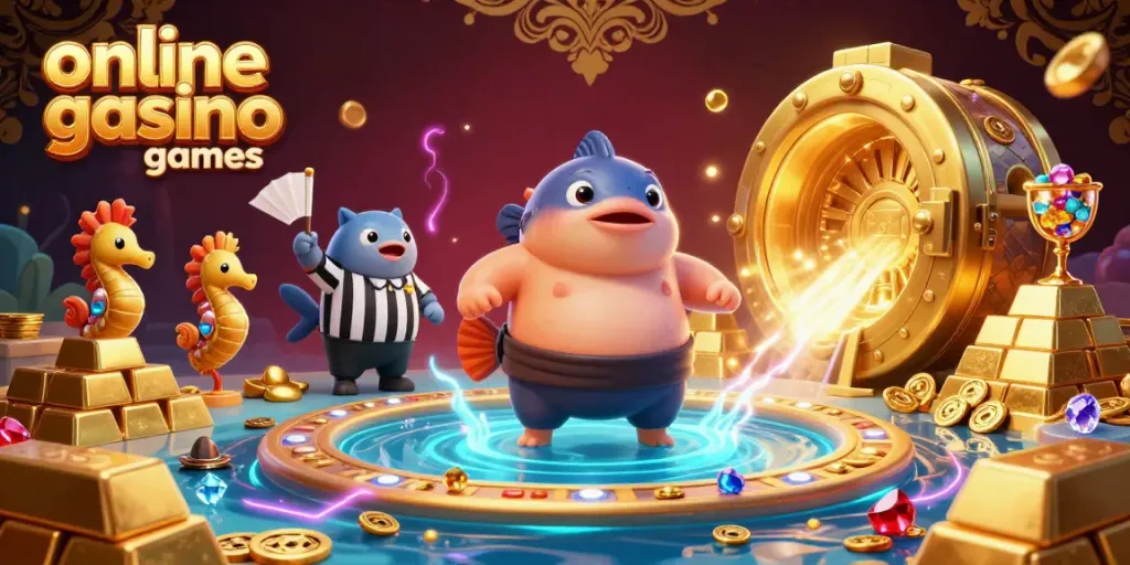 Enjoy thrilling online casino games with a fugu referee and seahorse fans in this vibrant underwater scene.