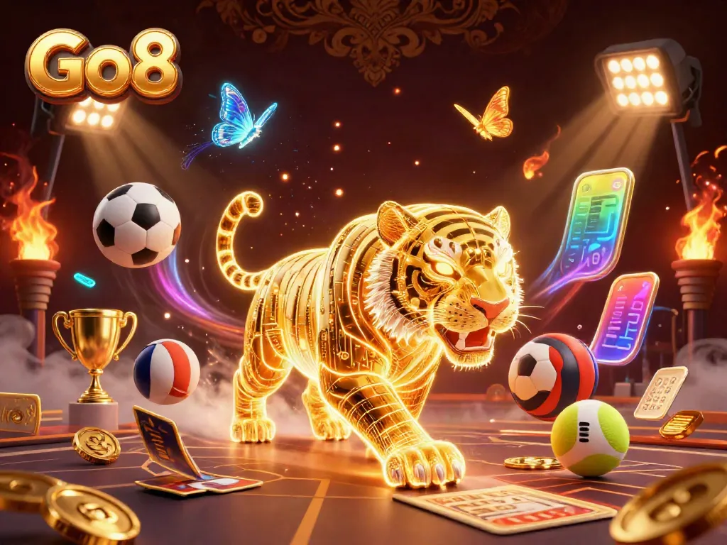 Experience Go8's vibrant casino world with a neon tiger and dynamic gaming elements.
