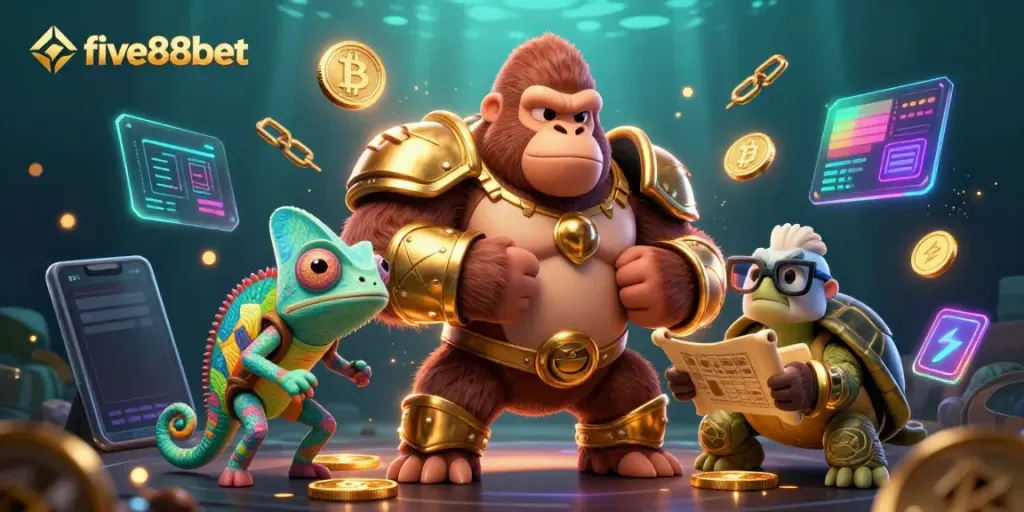 Experience the thrill of gambling with five88bet as cartoon characters enjoy crypto casino action.