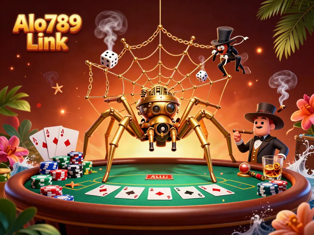 Experience winning strategies at Alo789 Link, featuring a steampunk spider amid a vibrant poker scene.