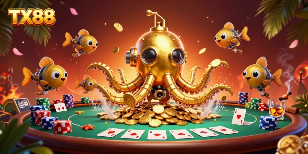 Engage with TX88 in a vibrant 3D scene featuring a golden kraken submarine, poker elements, and golden coins.