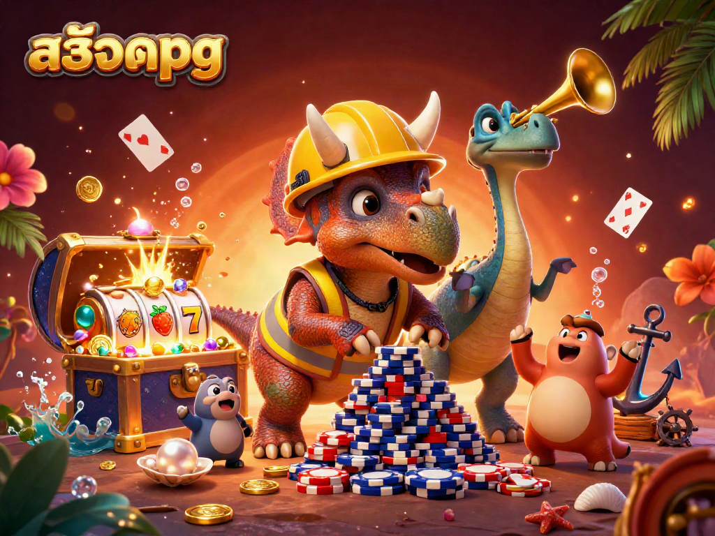 Celebrate in the casino world with สล็อตpg; triceratops and friends building poker chip pyramids.