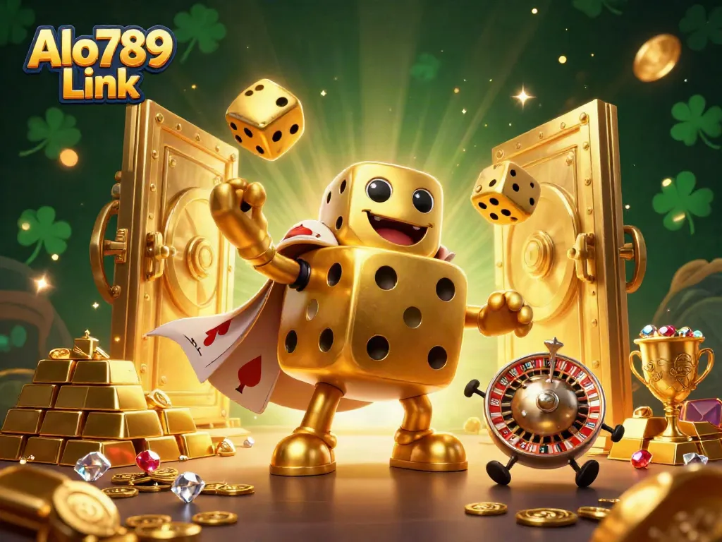 Experience the vibrant energy of Alo789 Link with our dynamic gambling scene featuring golden dice and treasure.