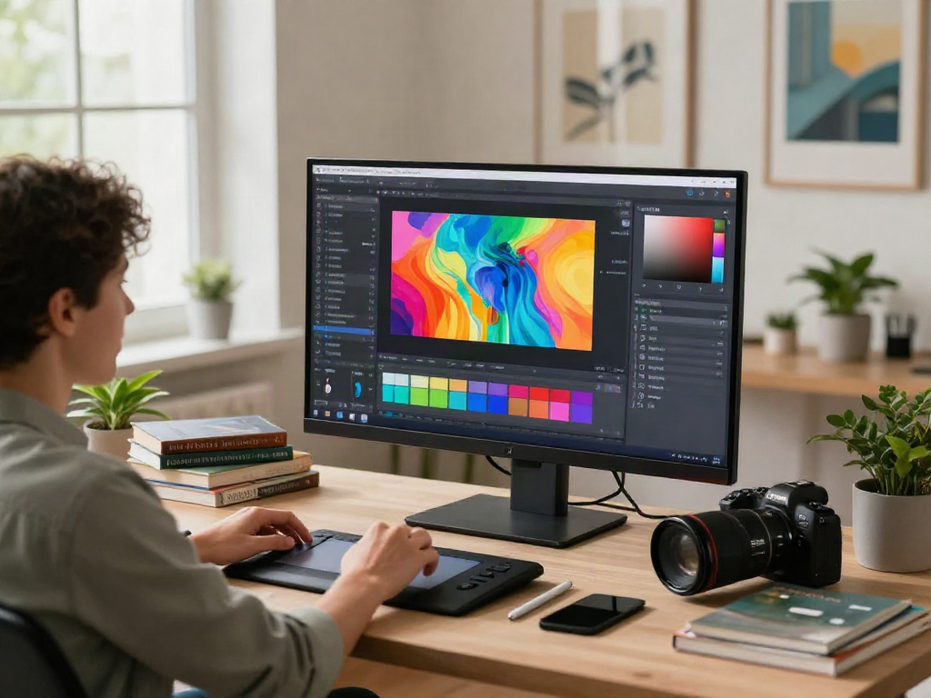 Innovative workspace with free AI image editor in use, showcasing vibrant digital art editing.