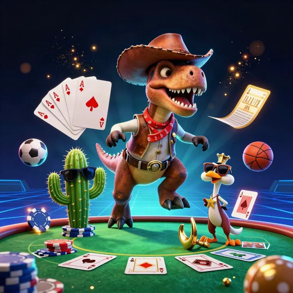 Cowboy T-Rex, cactus and roadrunner blasting through a neon poker table with chips and cards.
