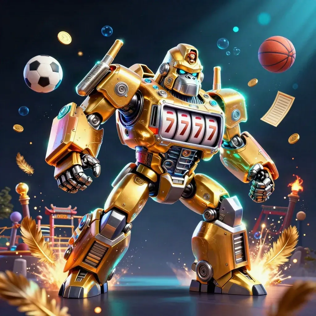 Golden gorilla mech, tiny monkey pilot, flying soccer and basketball, coins and cyan neon energy.