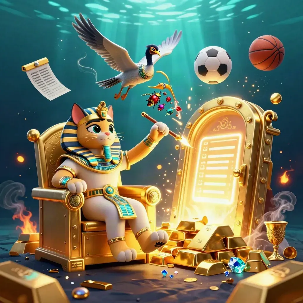 Pharaoh cat, ibis scribe, gem scarabs, vault, gold, balls, and underwater light rays.