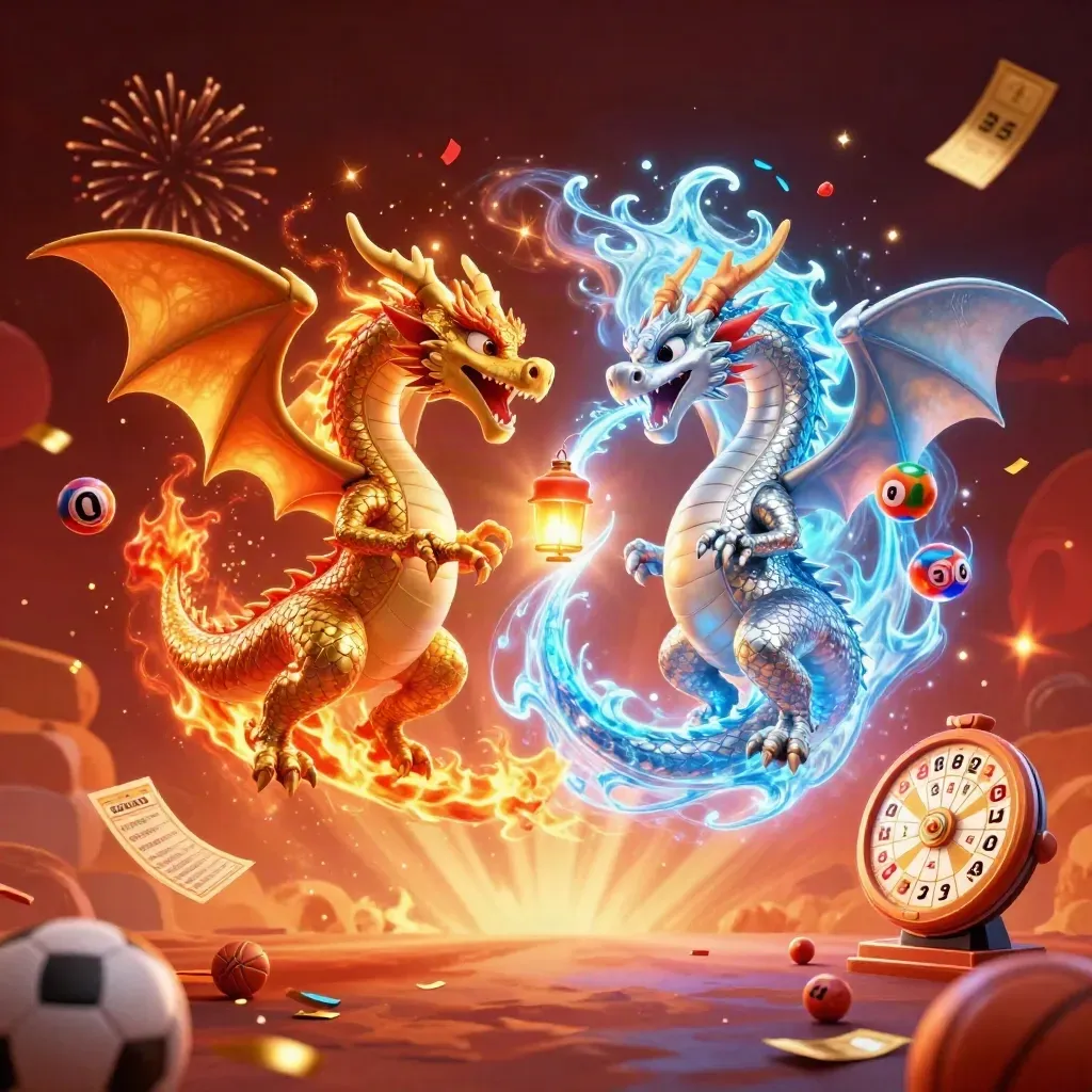 Gold and silver dragons spiral with casino icons, fireworks, and glowing energy on a dark neon background.