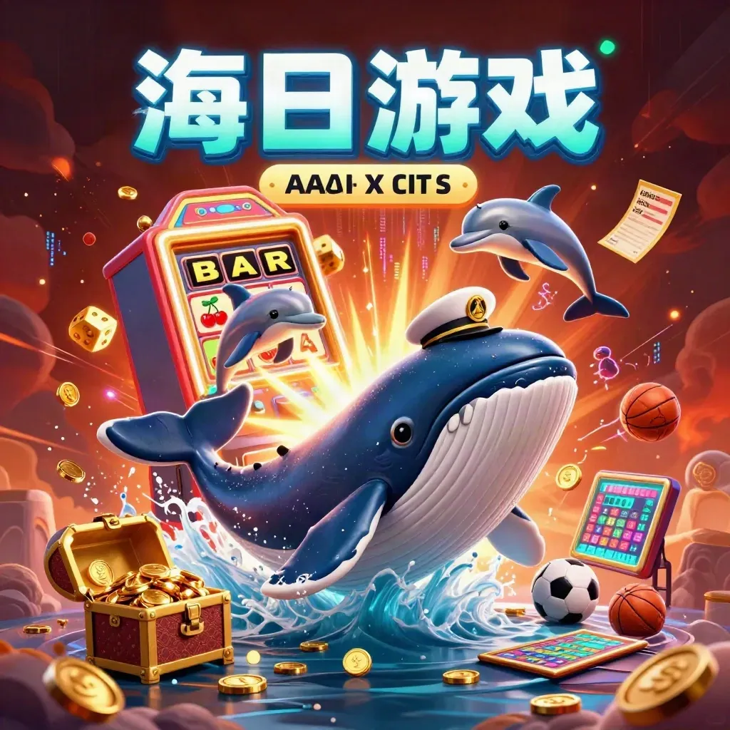 Cartoon whale captain and friends burst through coins with neon casino effects.