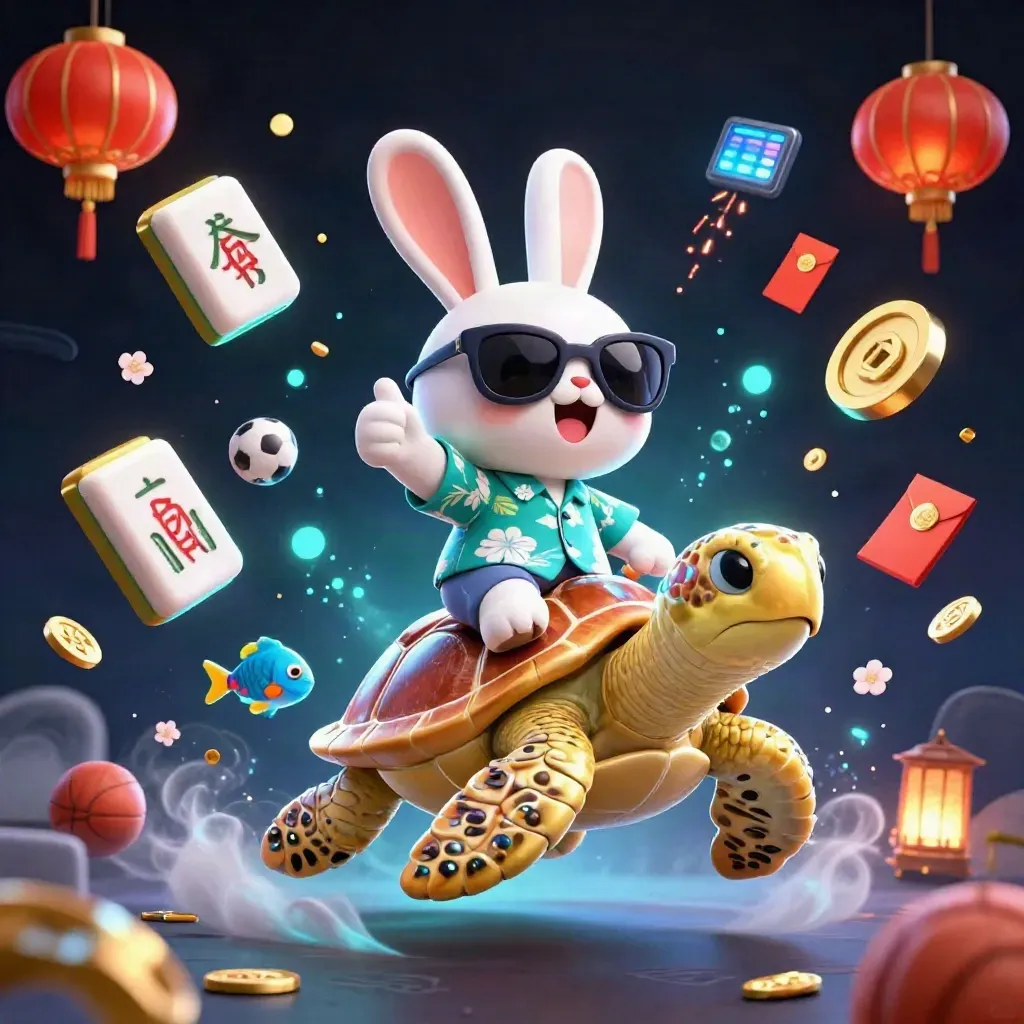 Lucky rabbit on a golden turtle amid neon casino props and sports gear.