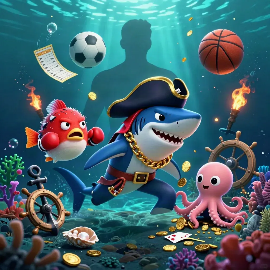 Pirate shark, pufferfish, and octopus amid coins, coral, balls, and underwater light