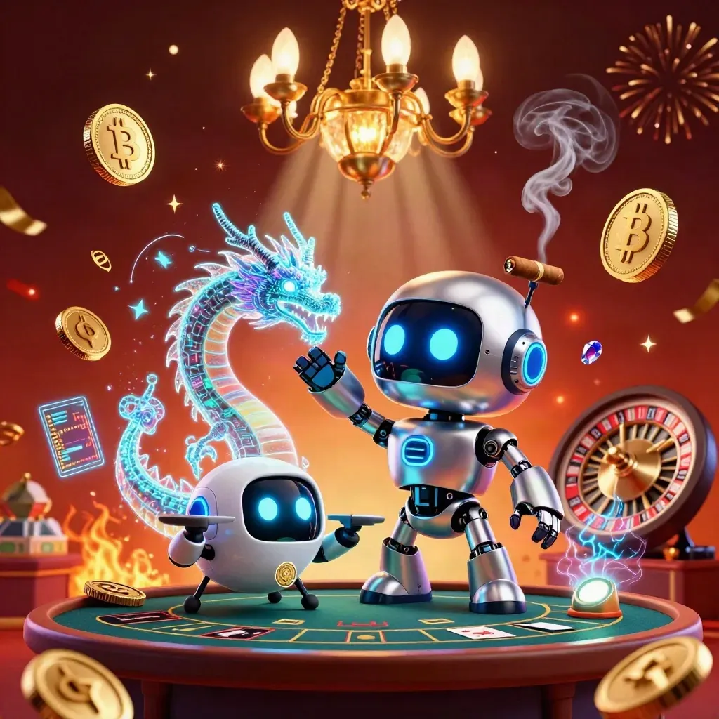 Cyberpunk robot, holographic dragon and drone in a luxe casino room with coins, sparks and neon glow.