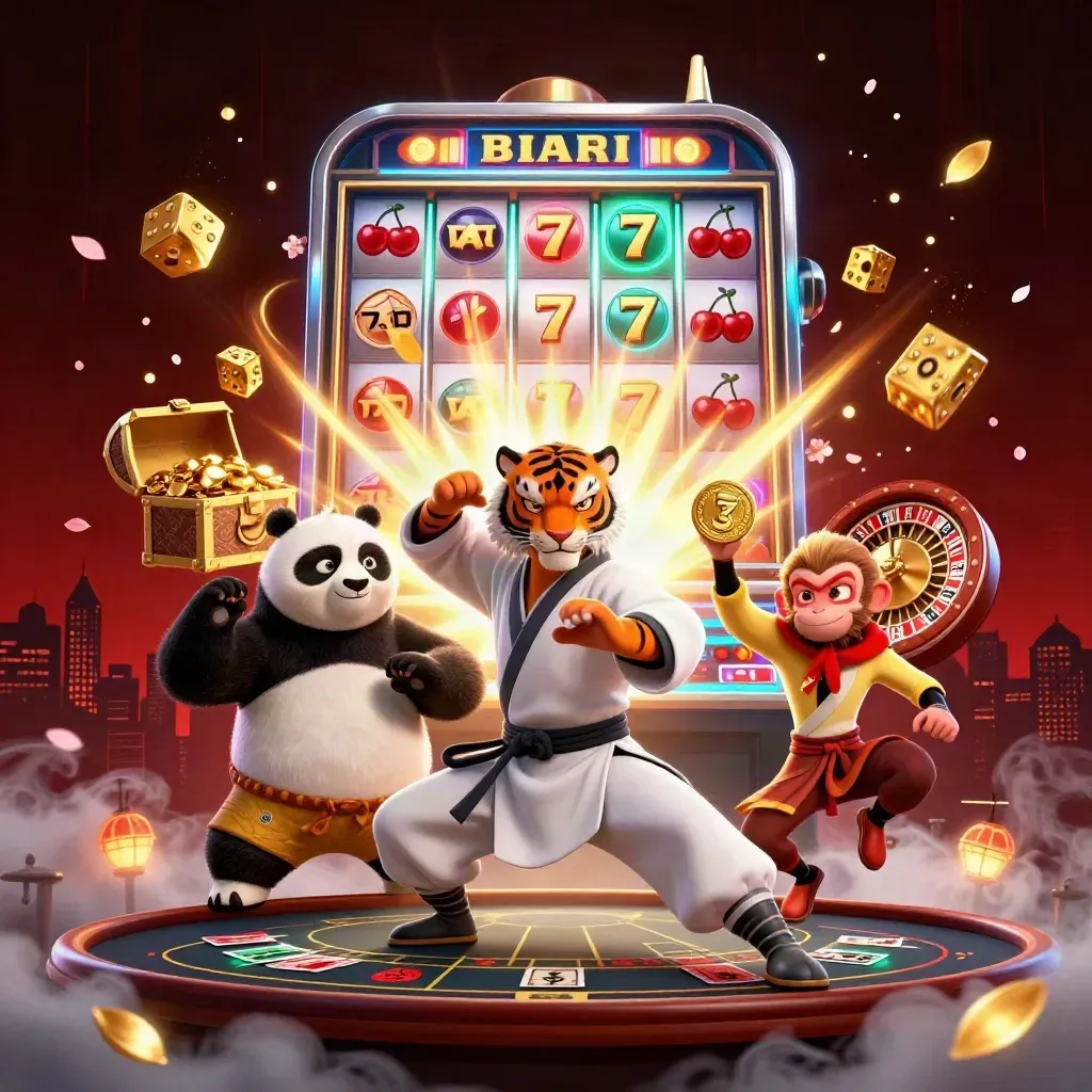 Tiger, panda, and monkey heroes amid casino magic, glowing slot burst, dice, gold, and neon lights.