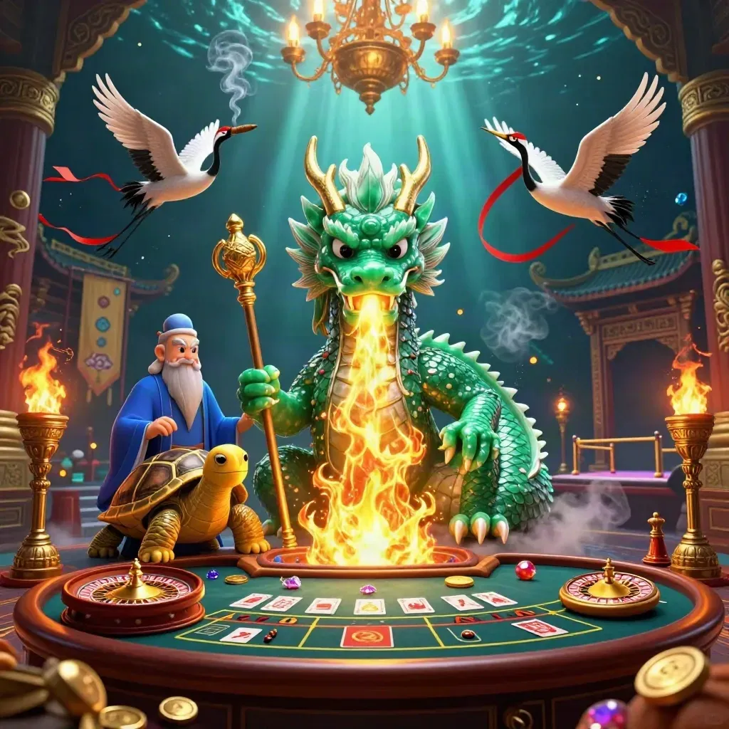 Dragon, turtle sage, and cranes amid casino relics under a burning chandelier