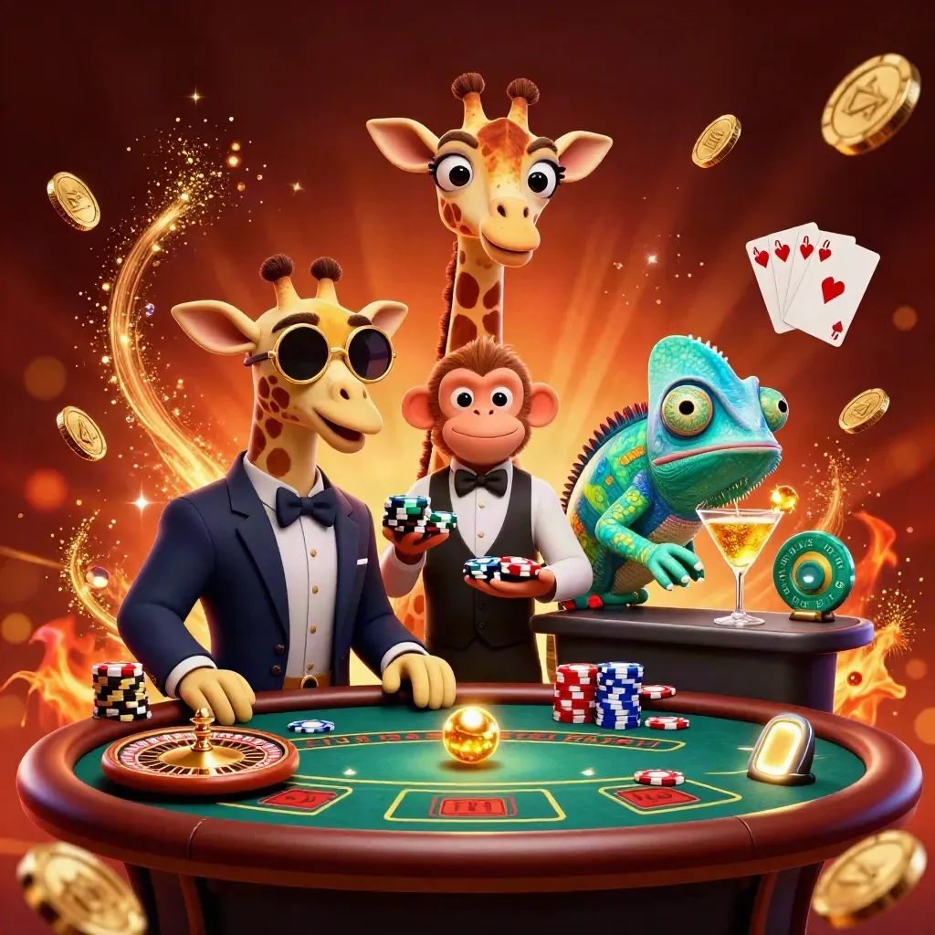 3D giraffe high roller, monkey valet, and chameleon bartender in a luxe casino with coins and roulette