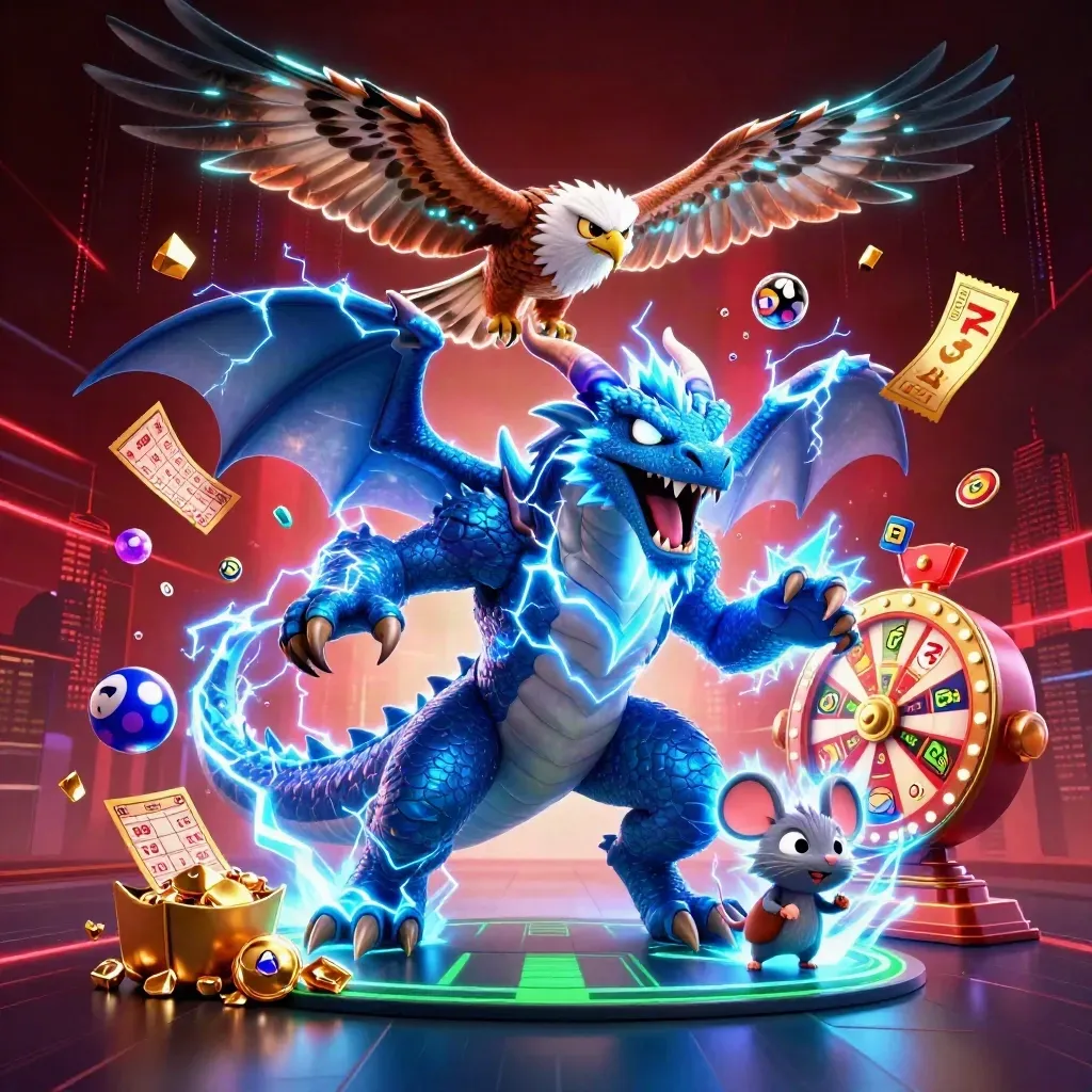 Thunder dragon, wind hawk and crackling mouse explode amid casino props and cyan lightning.