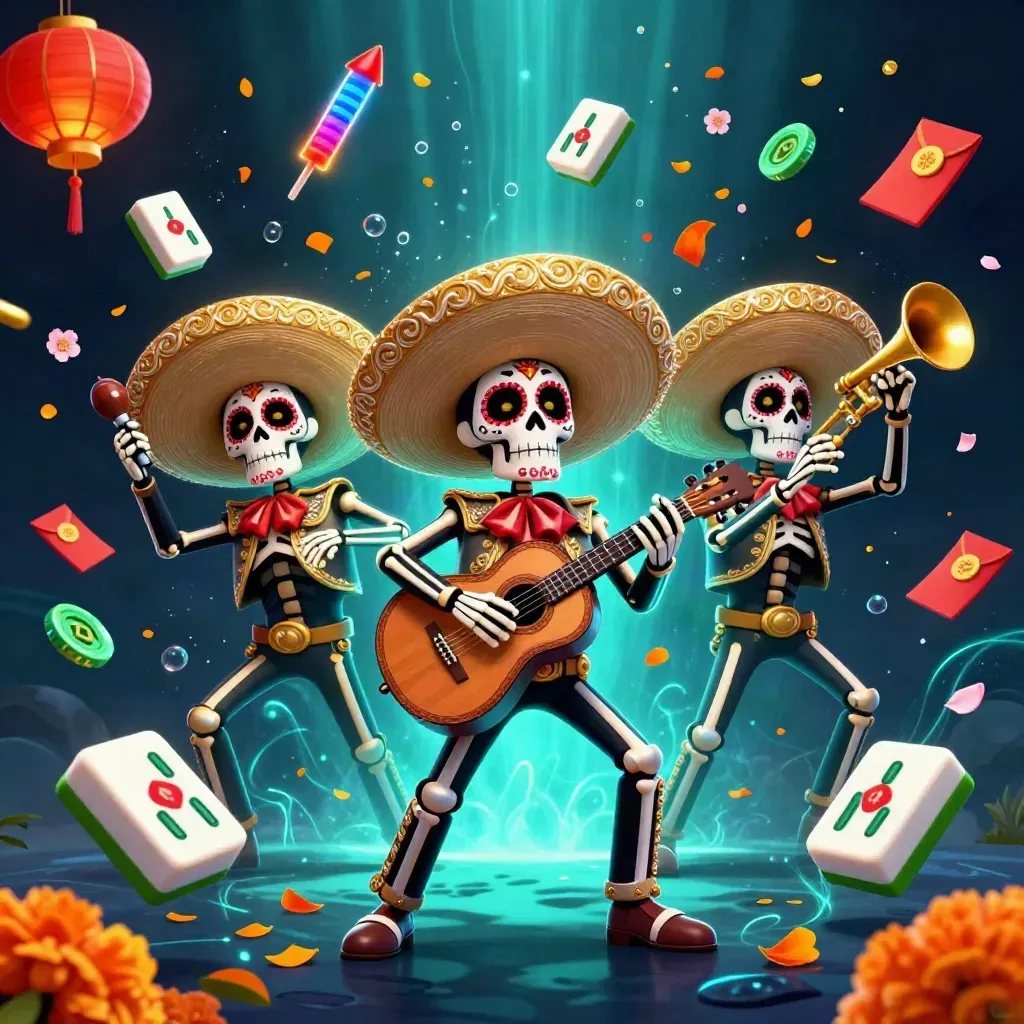 Skeleton mariachi trio underwater amid mahjong tiles, lanterns, coins, petals and cyan glow