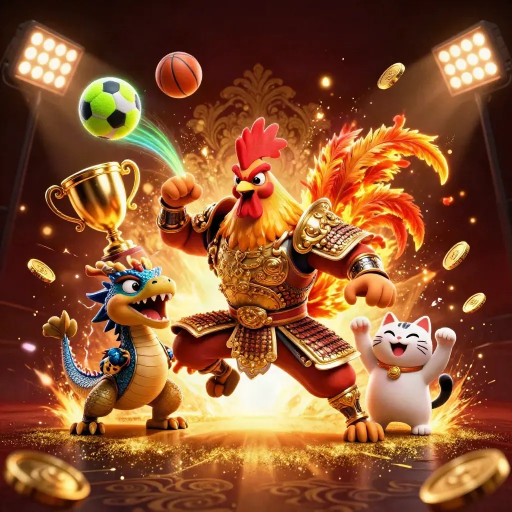 Rooster warrior, dragon hatchling and fortune cat blast out sports balls, coins and gold light.