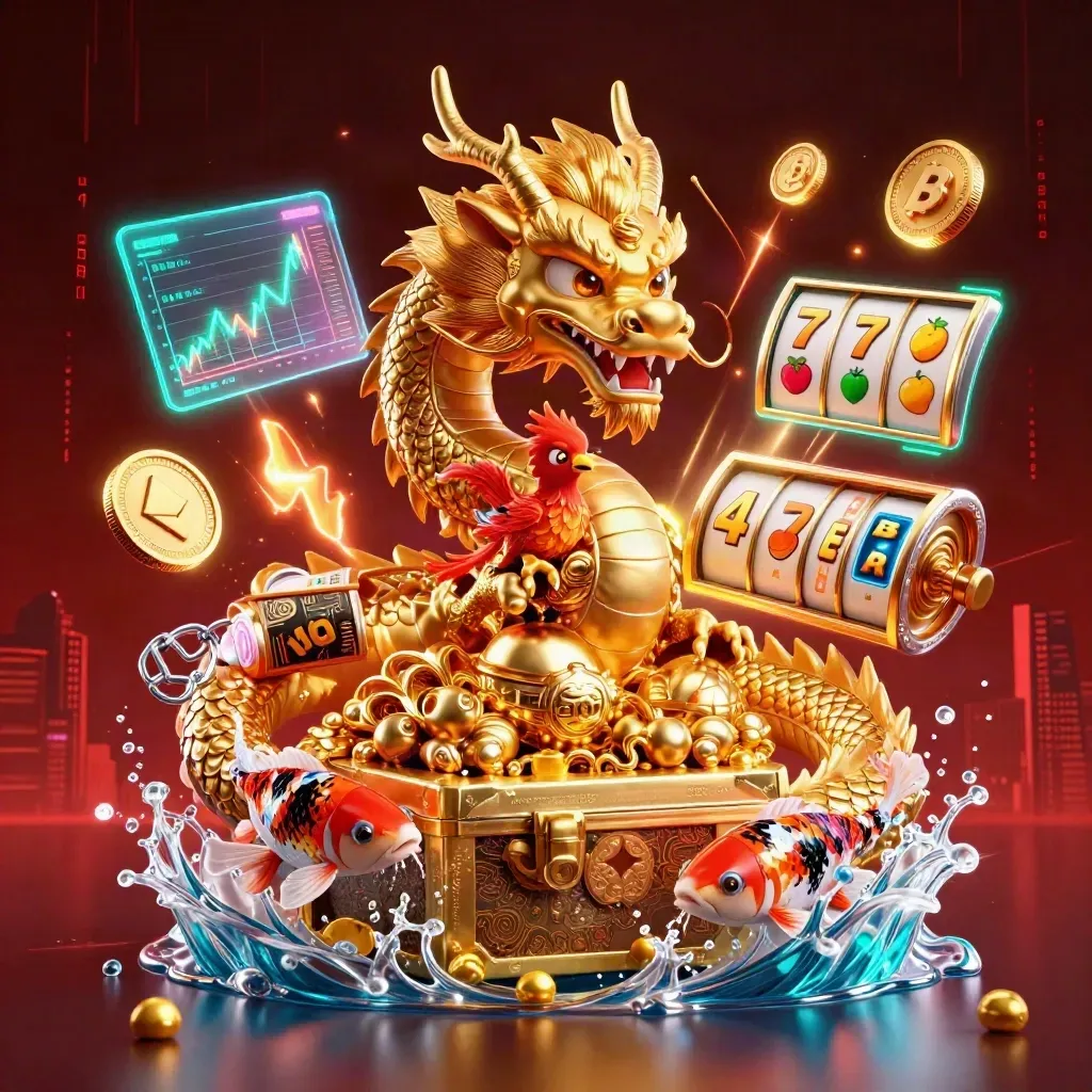 Golden dragon, red phoenix and koi erupt around a treasure chest in neon casino lighting.