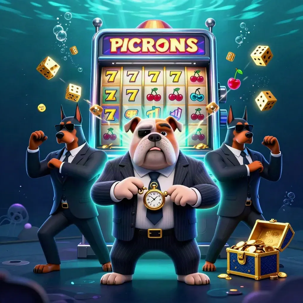 Cartoon mafia bulldog and two Dobermans amid exploding slot machine gold underwater.