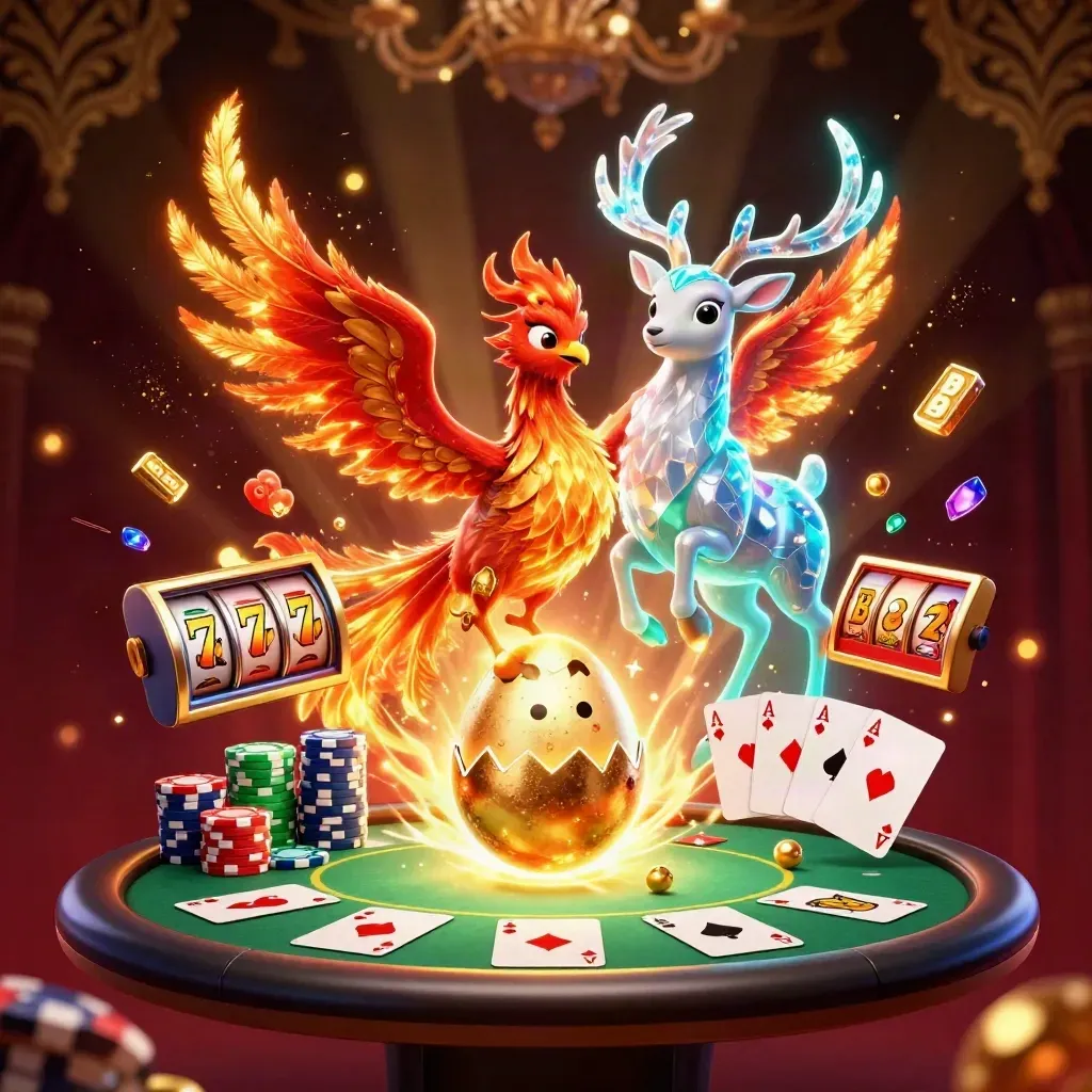 Phoenix, stag, and hatchling erupt with casino props and neon treasure in a dark luxe backdrop.