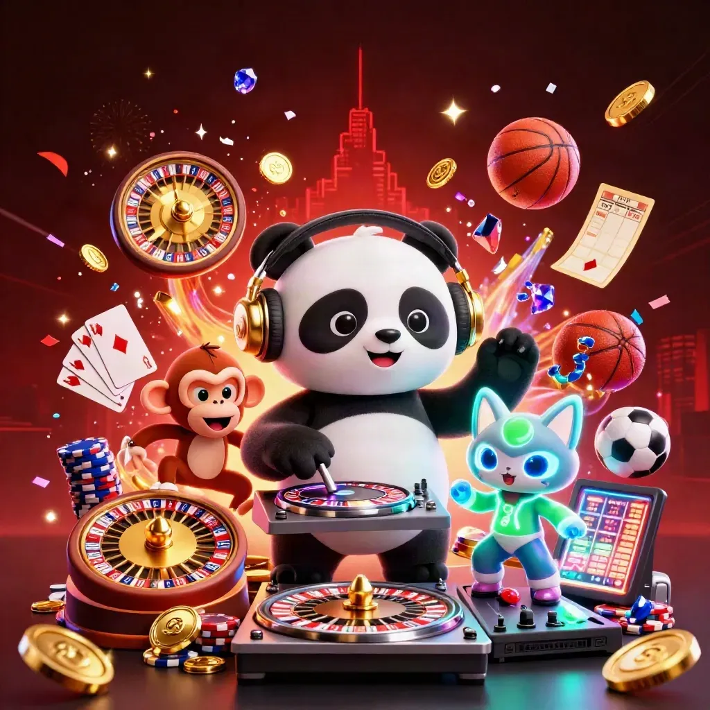 Panda DJ, dancing monkey and rave kitten amid casino coins, chips and fireworks
