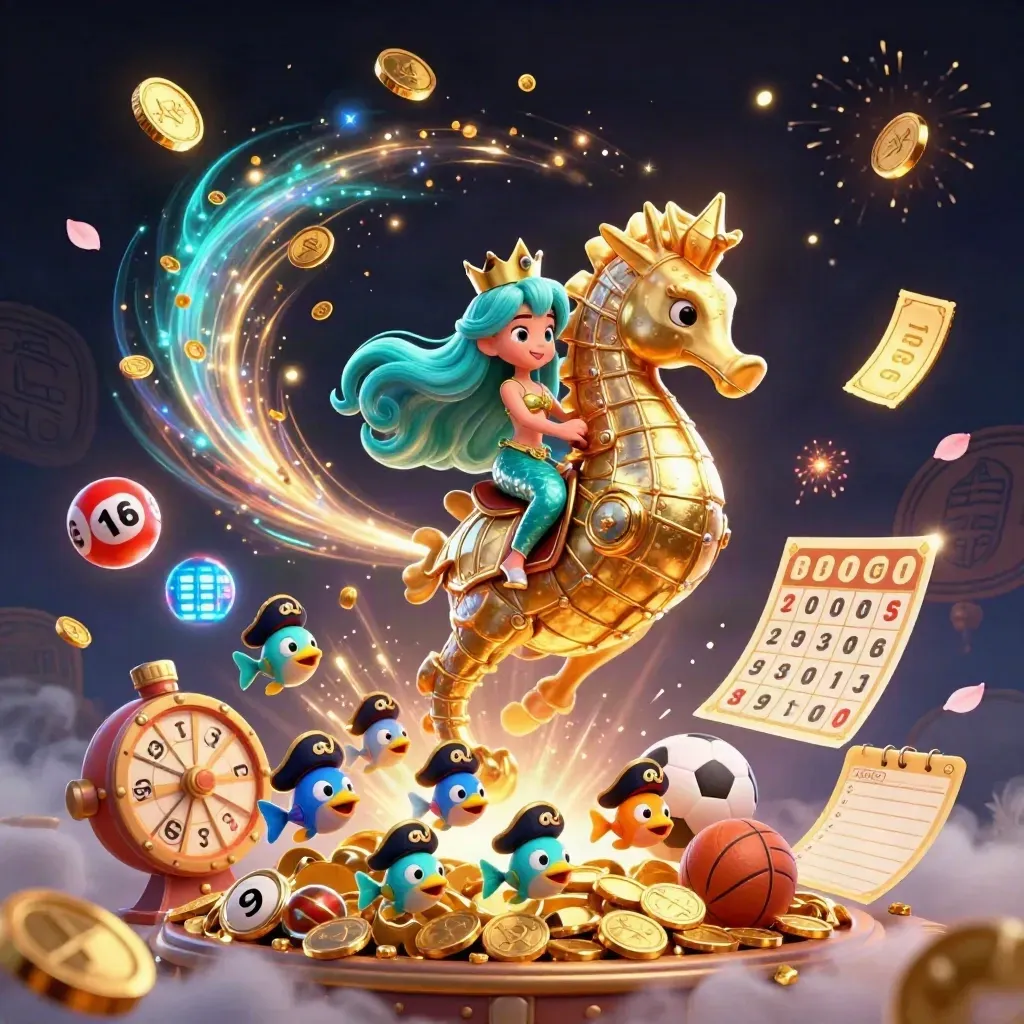 Mermaid princess on a golden seahorse amid coins, fish pirates, prize wheel, and neon casino magic.