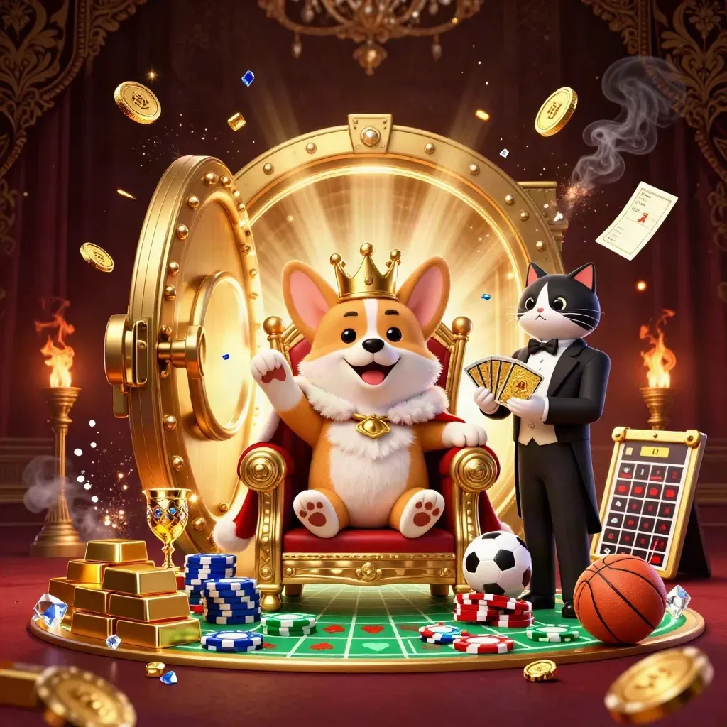 Royal corgi and cat butler amid exploding vault, gold, gems, fireworks, and neon casino glow.