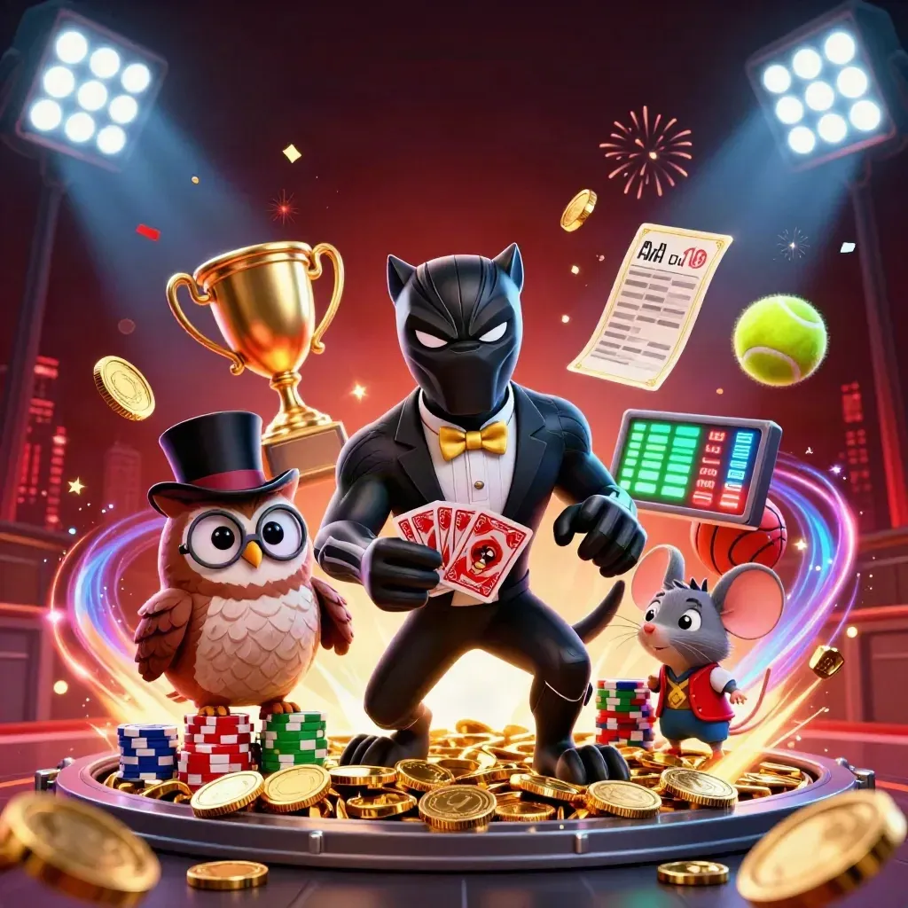 Panther, owl, and mouse celebrate amid treasure, coins, fireworks, and sports balls.