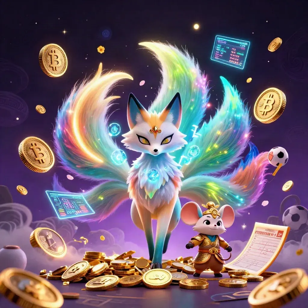 Fox spirit and armored mouse amid exploding coins, fireworks, neon crypto and sports betting symbols