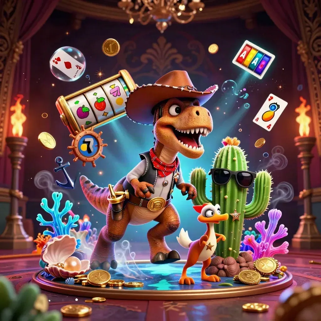 Cowboy T-Rex, cactus sidekick and roadrunner in a neon treasure-cove casino burst