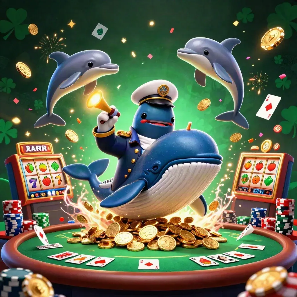 Whale captain, narwhal, and dolphins burst through coins amid casino chips and glowing esports-style effects.