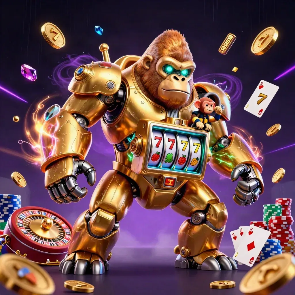 Golden gorilla slot mech with monkey pilot, coins, cards, chips, roulette wheel, neon casino chaos.