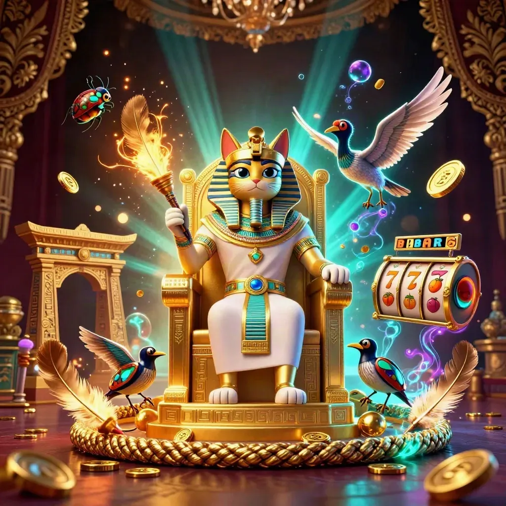 Pharaoh cat, ibis scribe and jewel scarabs in a neon casino fantasy with coins, reels and temple glow