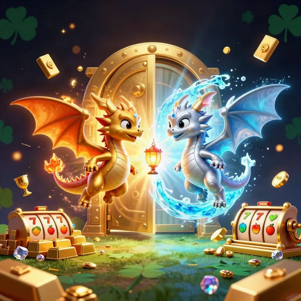 Twin gold and silver dragons in yin-yang fire and ice with treasure vault, reels, and glowing loot