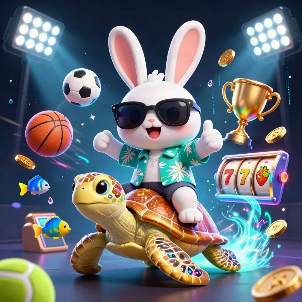 Lucky rabbit on a golden sea turtle amid neon casino sports and slot symbols.