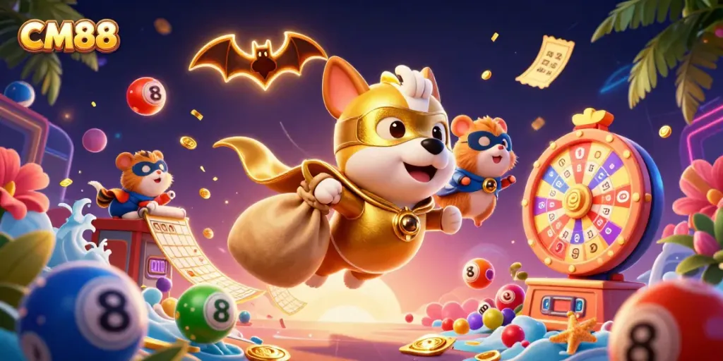 Experience the thrilling world of CM88 with a superhero dog and hamster amidst a vibrant casino scene.
