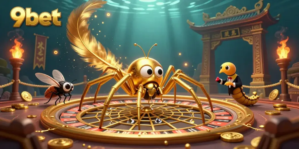 Engage in thrilling bets at 9bet with a golden spider spinning a roulette wheel web.