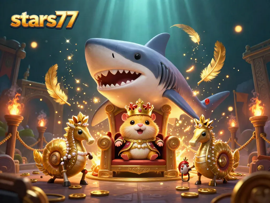 Permainan seru di stars77 dengan raja hamster emas dan pengawal kuda laut di arena kasino bawah laut.