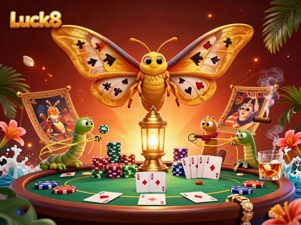 Experience the vibrant casino atmosphere with Luck8's animated scenes featuring golden-winged moths and poker tables.