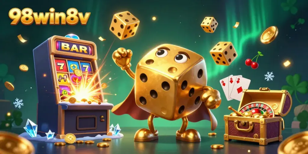 98win8v brings luck and excitement with cartoon dice and slot machines in a vibrant casino scene.