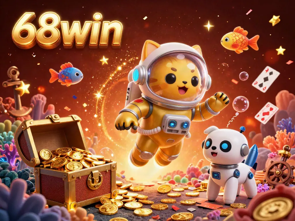 Engage with exciting gaming action at 68win as the cat astronaut and robot dog navigate a vibrant casino universe.