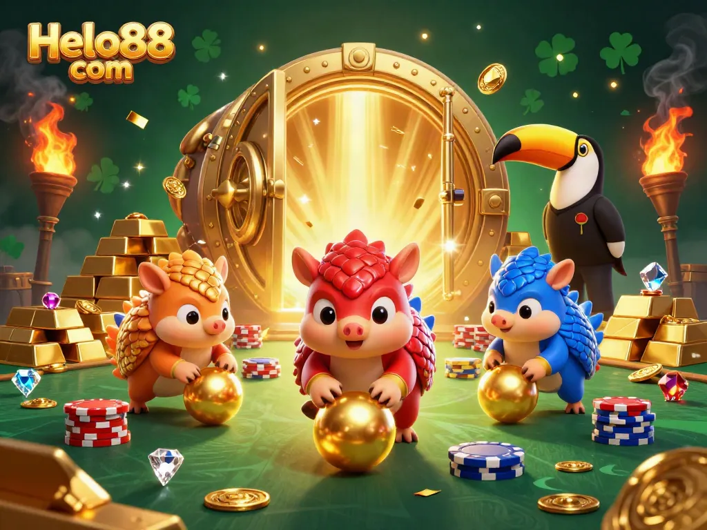 Experience thrilling gaming action at Helo88 com with vibrant pangolin characters bowling through poker chips.