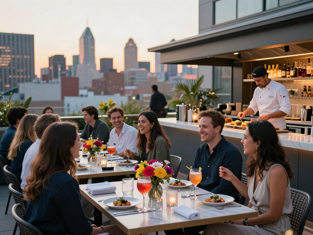 Guests at the Nohu rooftop restaurant enjoying cocktails and city views.