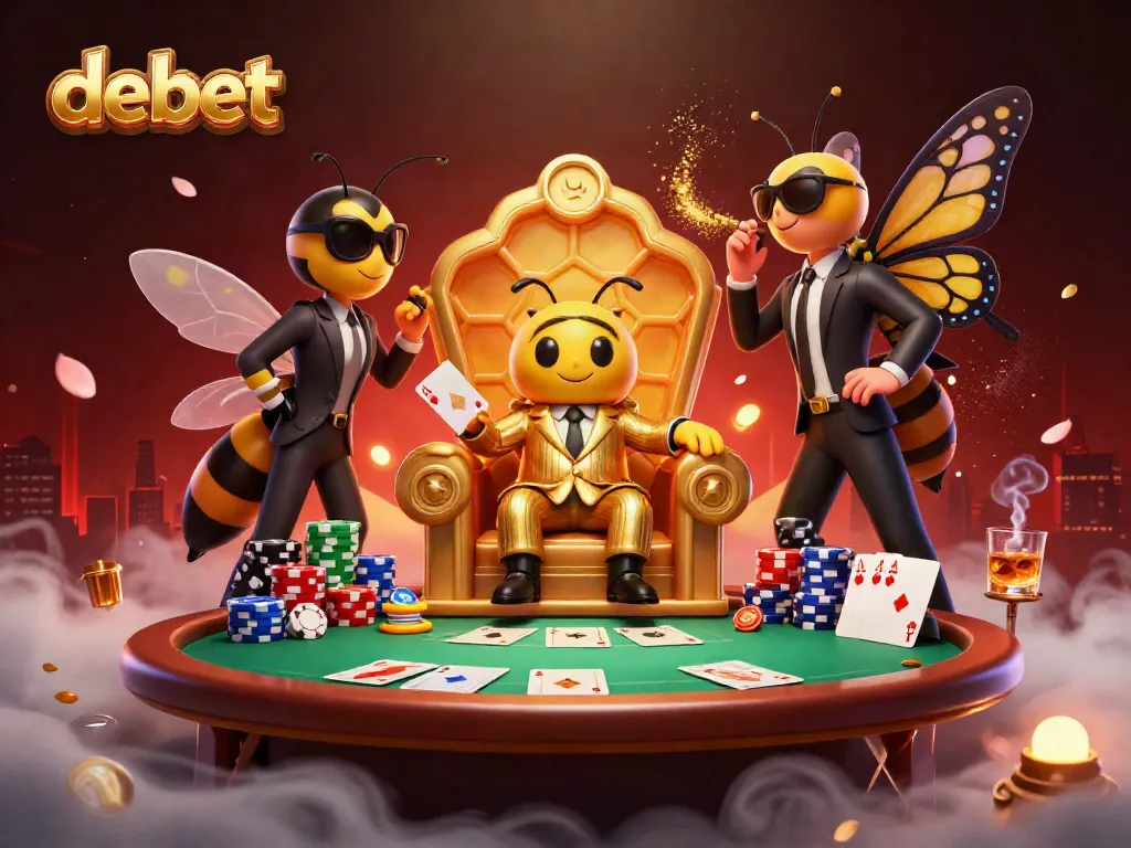 Engage in thrilling poker with debet's bumblebee mob boss in a vibrant casino scene.