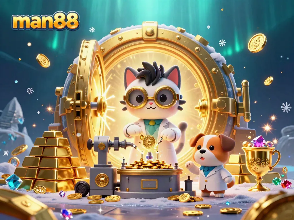 Experience thrilling fun with man88 in a vibrant, immersive casino scene filled with gold and wonder.