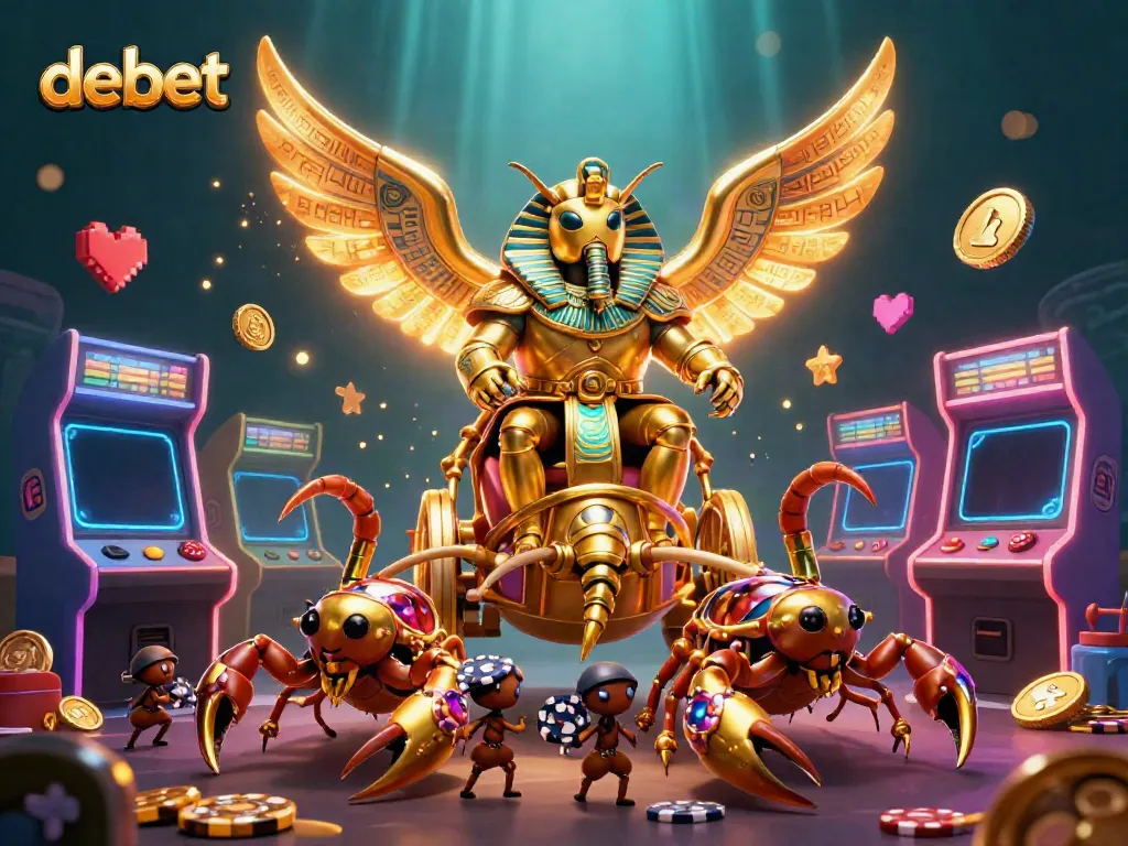 Engage in the fun of debet casino with a dynamic scene featuring a colossal golden scarab beetle and vibrant gaming elements.