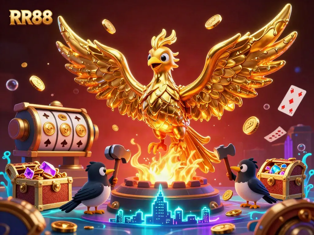Experience the mesmerizing RR88 casino with a dynamic 3D phoenix and golden treasures.