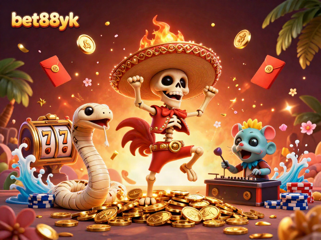 Engage with bet88yk's exciting games featuring a lively cartoon scene with golden coins and dynamic characters.
