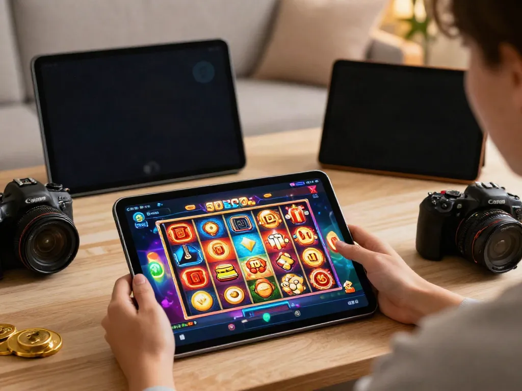 Engaged user exploring vibrant slot games at https://da88z.net/ on a tablet, set in a cozy gaming space.